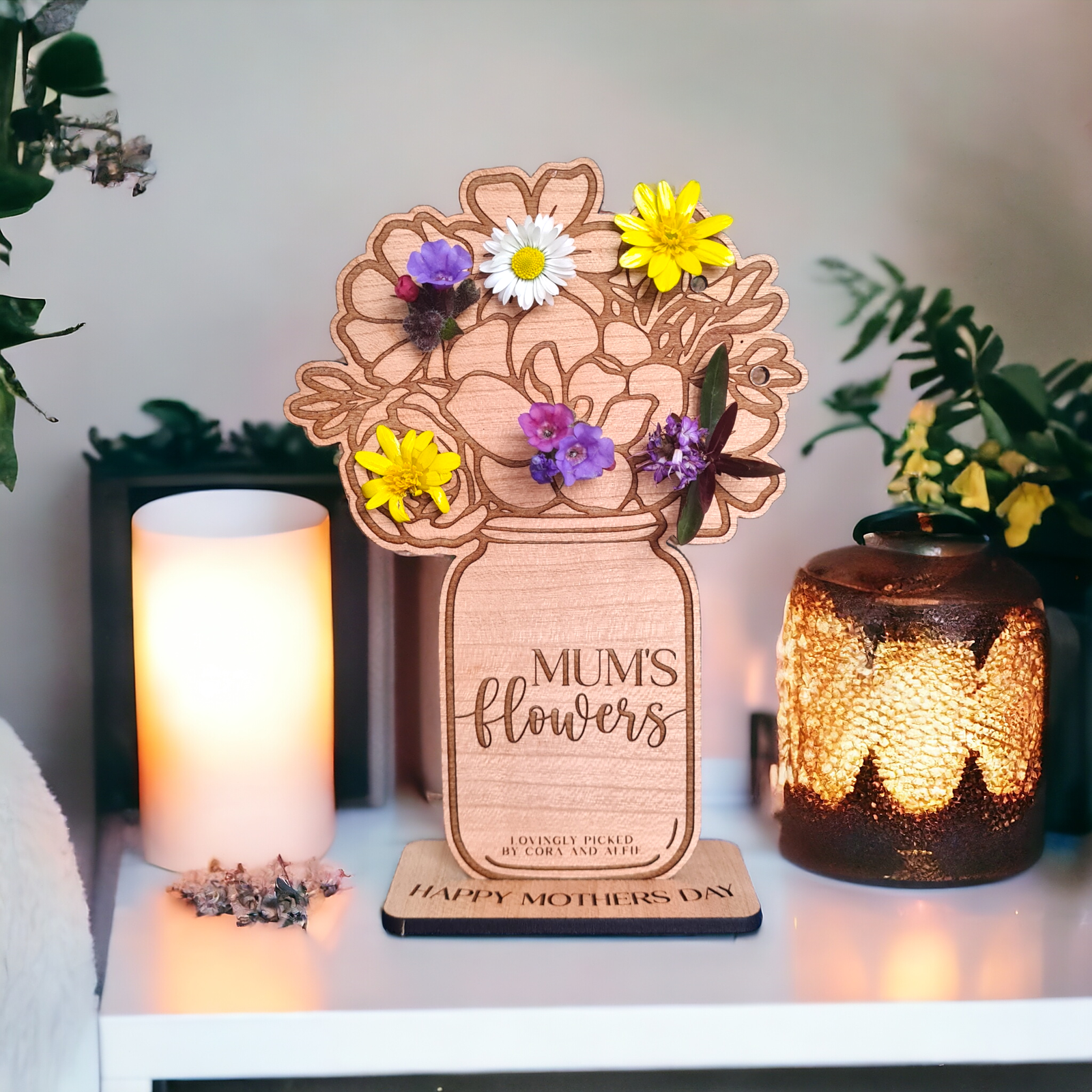 "A wooden engraved floral vase with holes inside, designed to hold picked flowers."